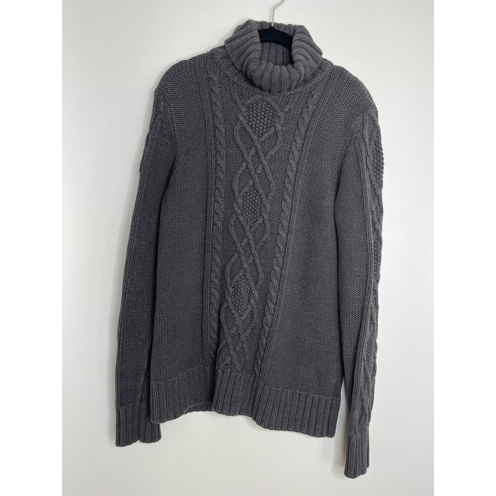 Eddie Bauer Cotton Blend Fishermans Cable Knit Turtle Neck Sweater Gray M‎ Tall